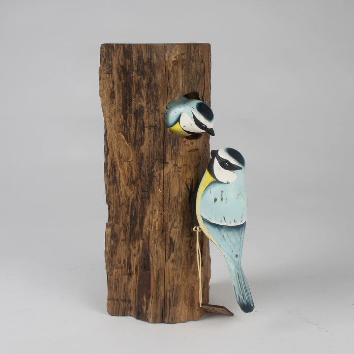 Hand-Carved & Hand-Painted Blue Tit Family Wall Hanging – Rustic Wooden Plaque
