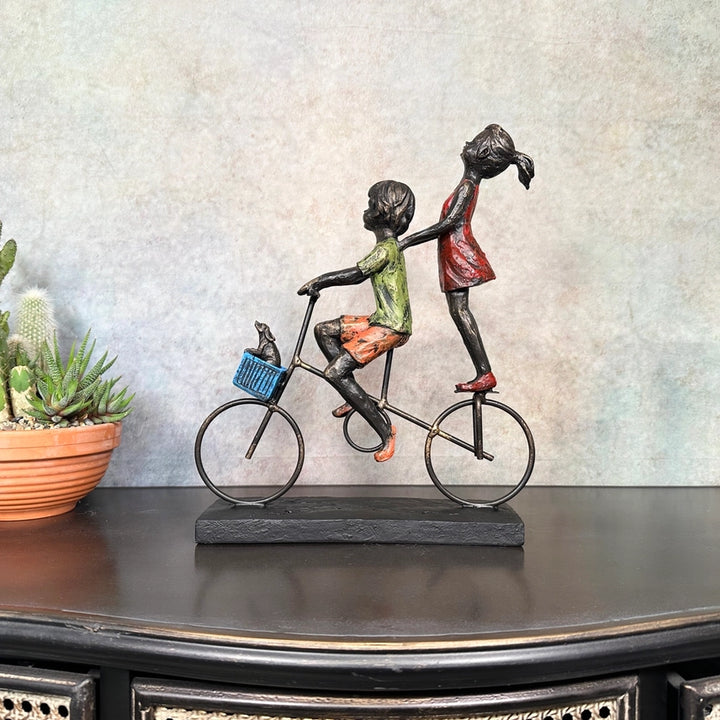 Children Bicycle Ride Figurine with Dog in Basket Polyresin Decorative Ornament