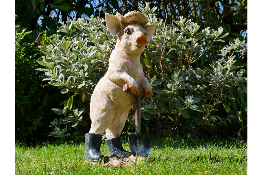 Pig With Spade Garden Ornament White Resin