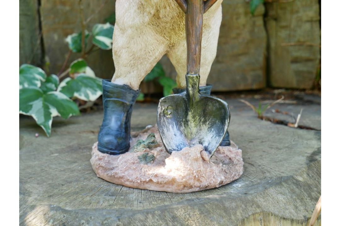 Pig With Spade Garden Ornament White Resin