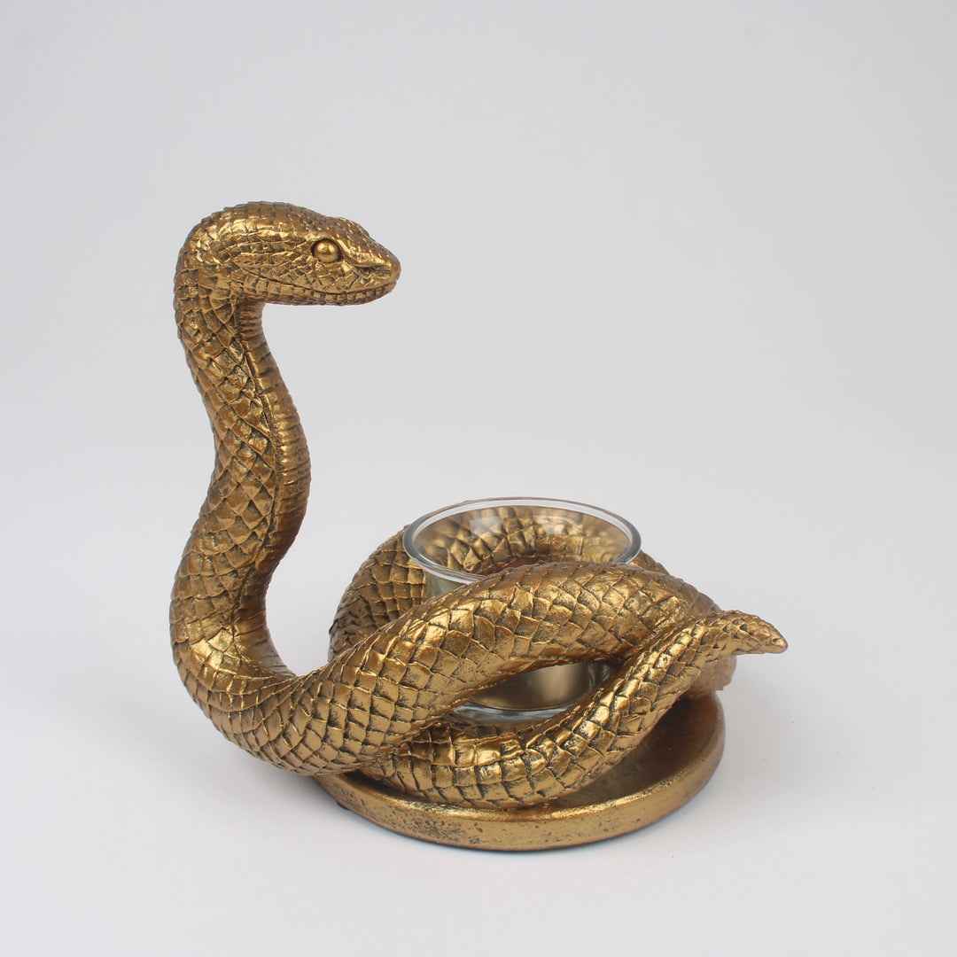 Gold Coiled Snake Candle & Tea Light Holder – Resin and Glass Home Décor Accent