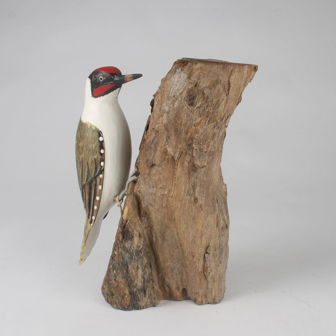 Hand-Carved & Hand-Painted Green Woodpecker on Rugged Wooden Trunk Decorative Figure