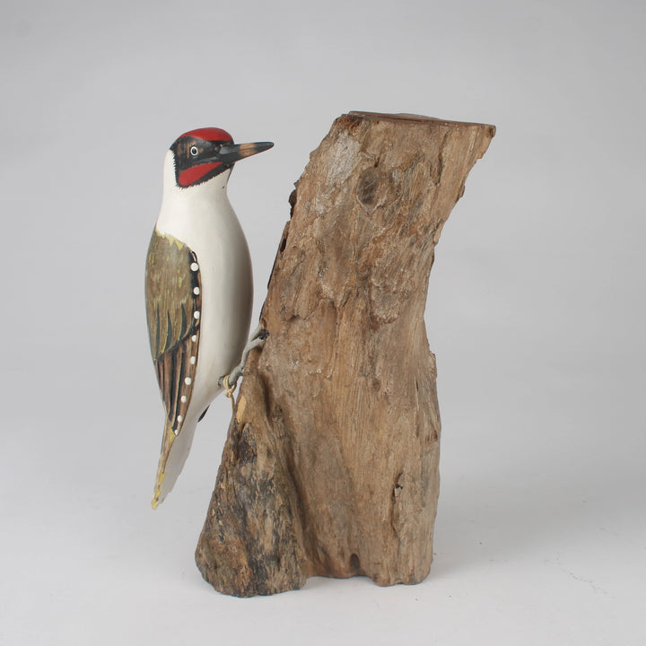 Hand-Carved & Hand-Painted Green Woodpecker on Rugged Wooden Trunk Decorative Figure
