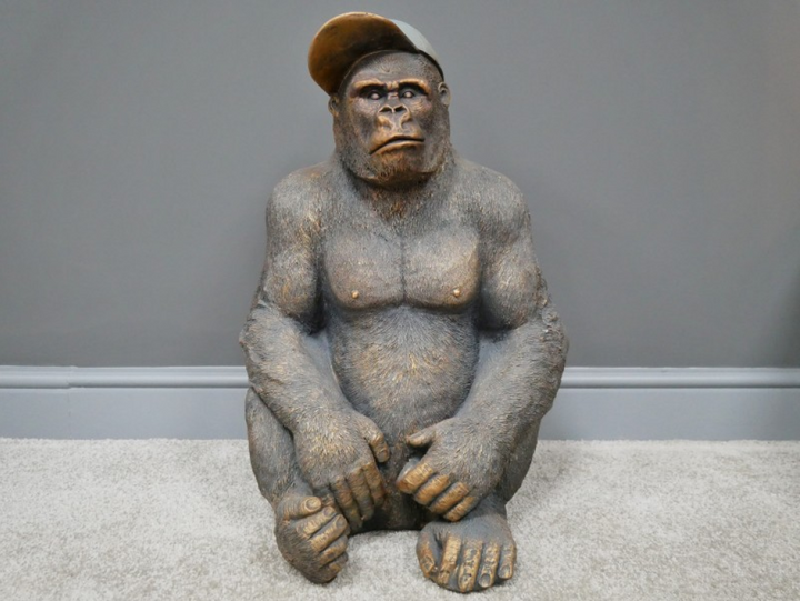 Large Sitting Gorilla Ornament with Hat – Antique Gold MGO Indoor & Outdoor Décor