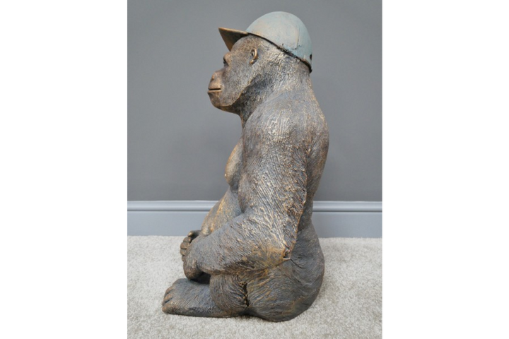 Large Sitting Gorilla Ornament with Hat – Antique Gold MGO Indoor & Outdoor Décor