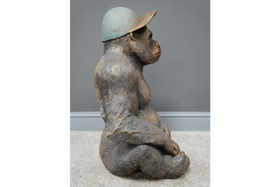 Large Sitting Gorilla Ornament with Hat – Antique Gold MGO Indoor & Outdoor Décor