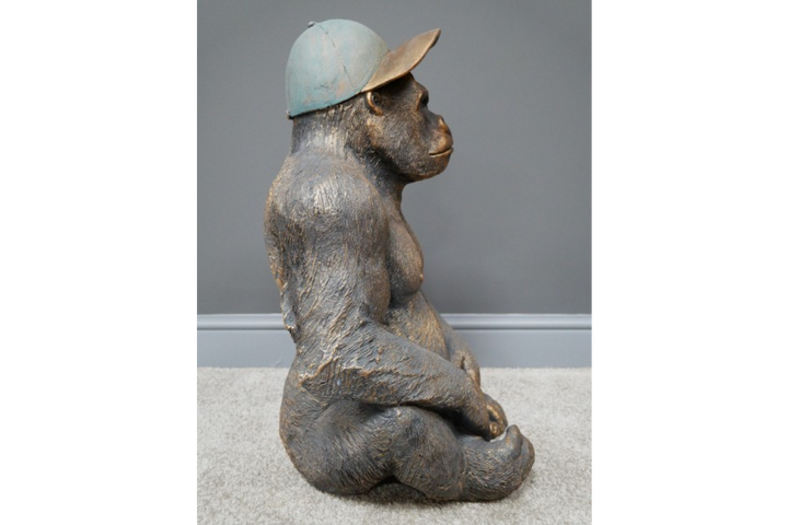 Large Sitting Gorilla Ornament with Hat – Antique Gold MGO Indoor & Outdoor Décor