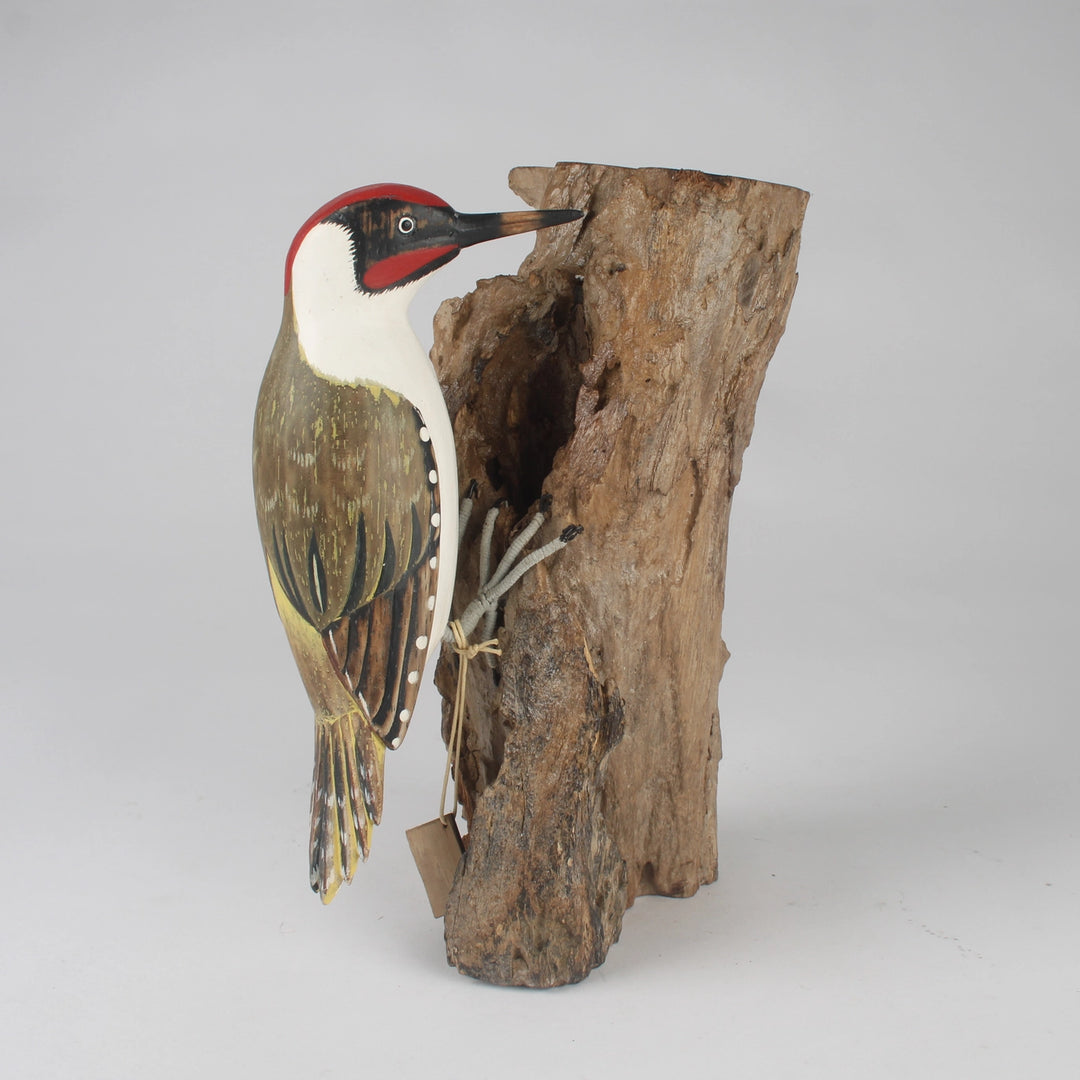 Hand-Carved & Hand-Painted Green Woodpecker on Rugged Wooden Trunk Decorative Figure