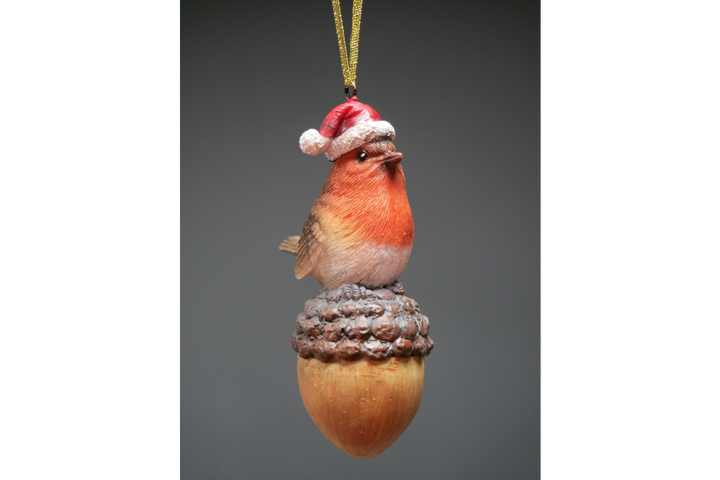 Robin santa hat On Pinecone & Acorn Christmas Tree Festive Decoration made of Resin