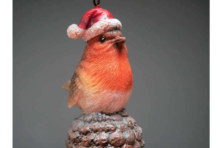 Robin santa hat On Pinecone & Acorn Christmas Tree Festive Decoration made of Resin