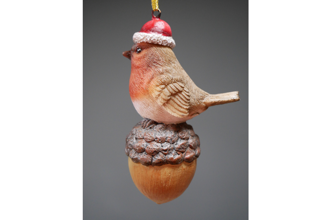 Robin santa hat On Pinecone & Acorn Christmas Tree Festive Decoration made of Resin