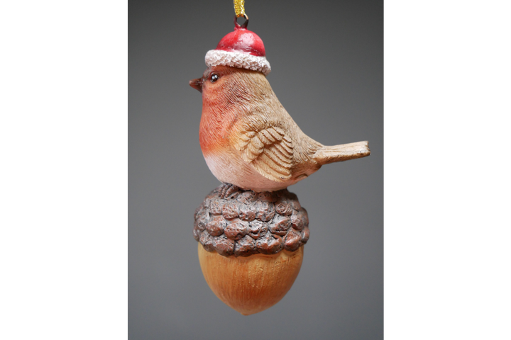 Robin santa hat On Pinecone & Acorn Christmas Tree Festive Decoration made of Resin