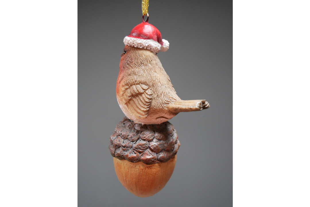 Robin santa hat On Pinecone & Acorn Christmas Tree Festive Decoration made of Resin