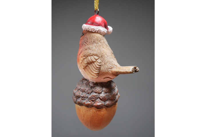 Robin santa hat On Pinecone & Acorn Christmas Tree Festive Decoration made of Resin