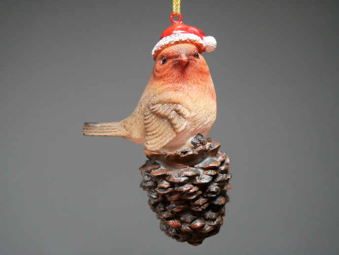 Robin santa hat On Pinecone & Acorn Christmas Tree Festive Decoration made of Resin