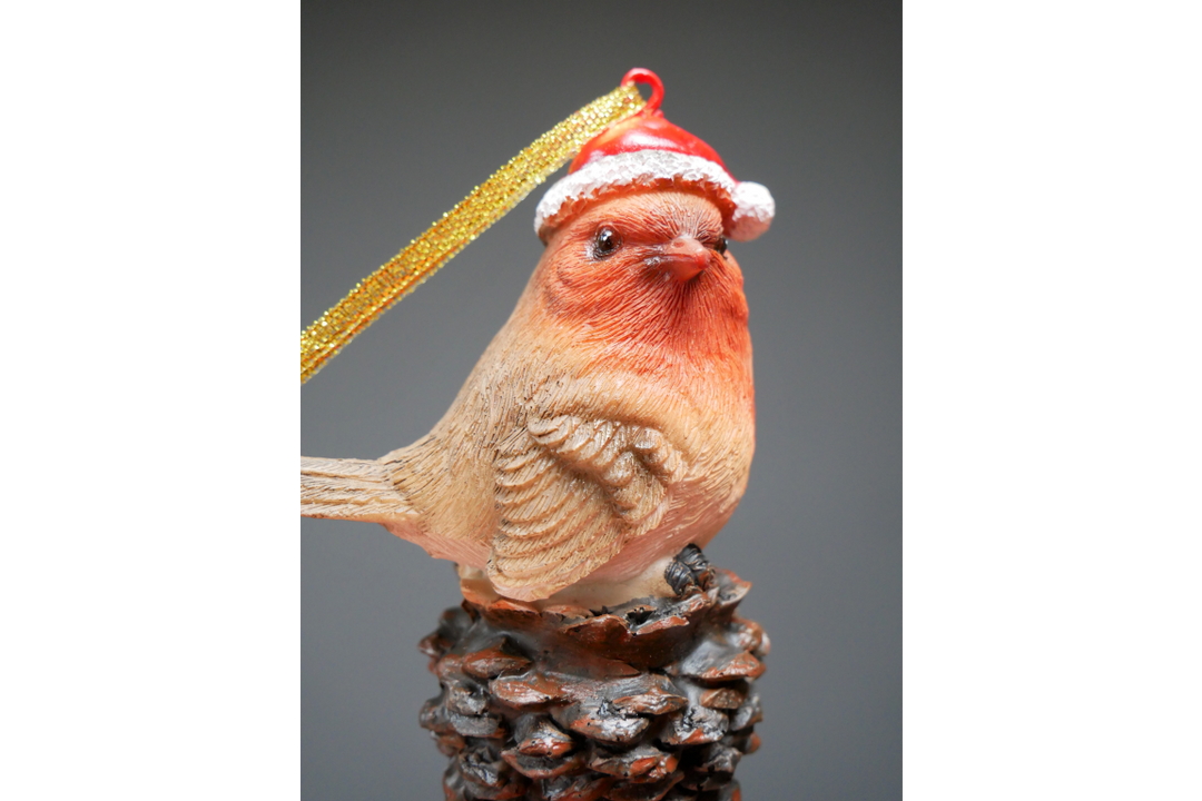 Robin santa hat On Pinecone & Acorn Christmas Tree Festive Decoration made of Resin