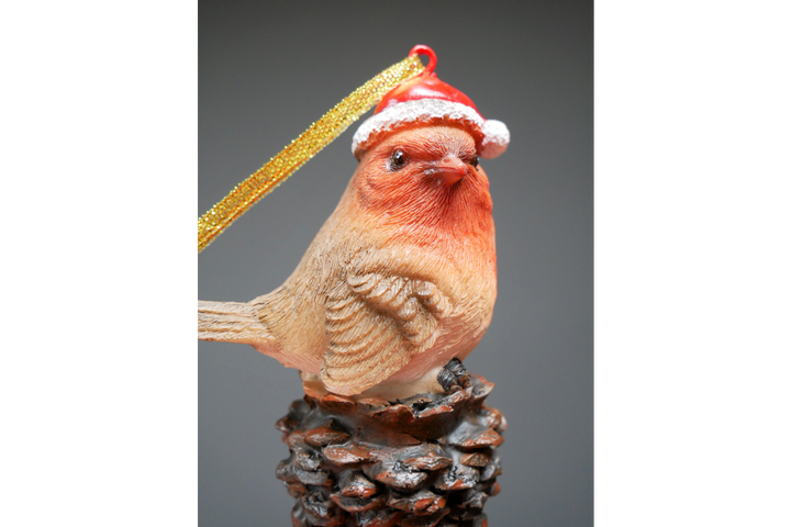 Robin santa hat On Pinecone & Acorn Christmas Tree Festive Decoration made of Resin