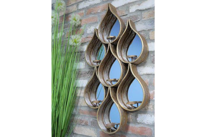 Gold Raindrop Mirror with Built-In Tealight Candle Holders – Glam Wall Décor
