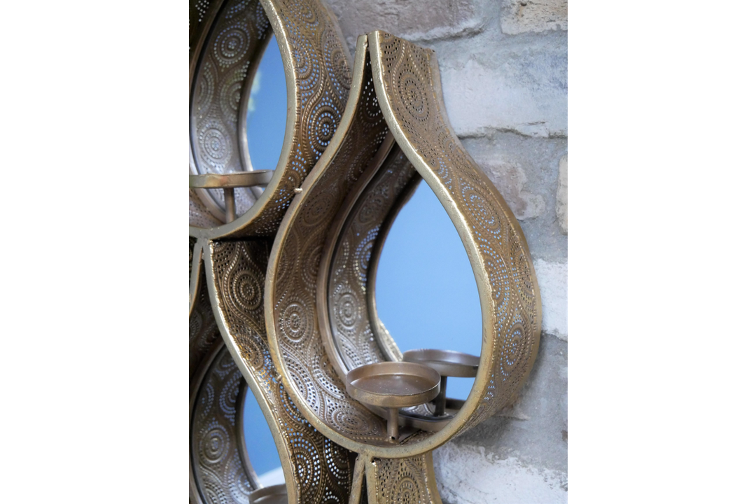 Gold Raindrop Mirror with Built-In Tealight Candle Holders – Glam Wall Décor
