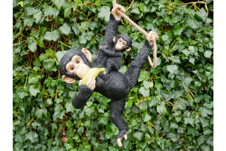 Monkey Eating Banana with Baby and baby monkey on a rope Hanging Resin Garden decorative Ornament