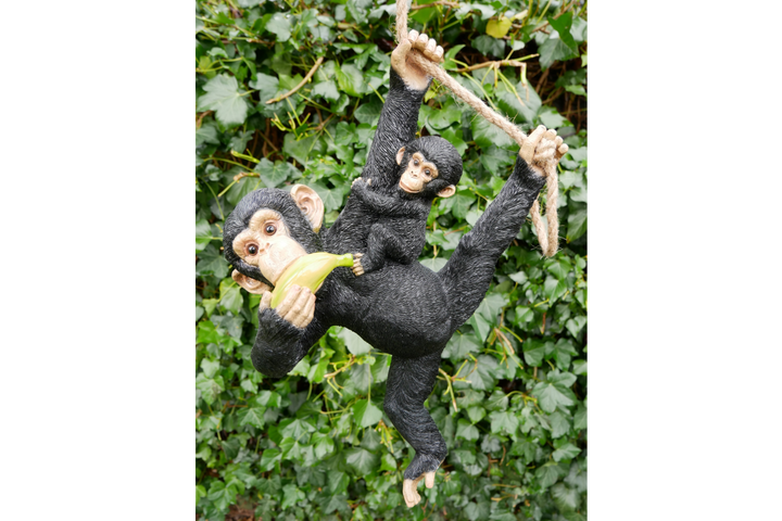 Monkey Eating Banana with Baby and baby monkey on a rope Hanging Resin Garden decorative Ornament