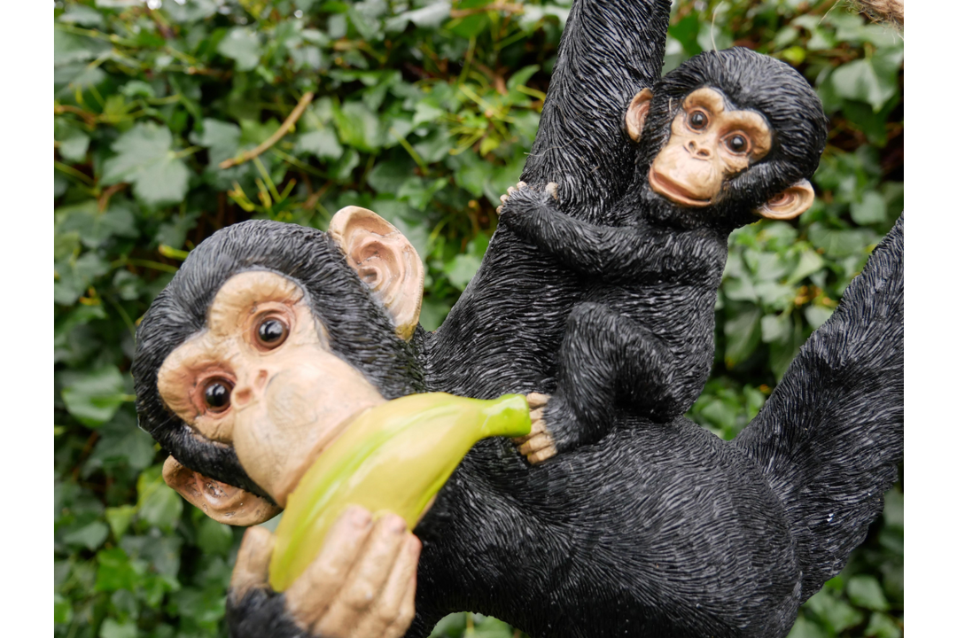 Monkey Eating Banana with Baby and baby monkey on a rope Hanging Resin Garden decorative Ornament