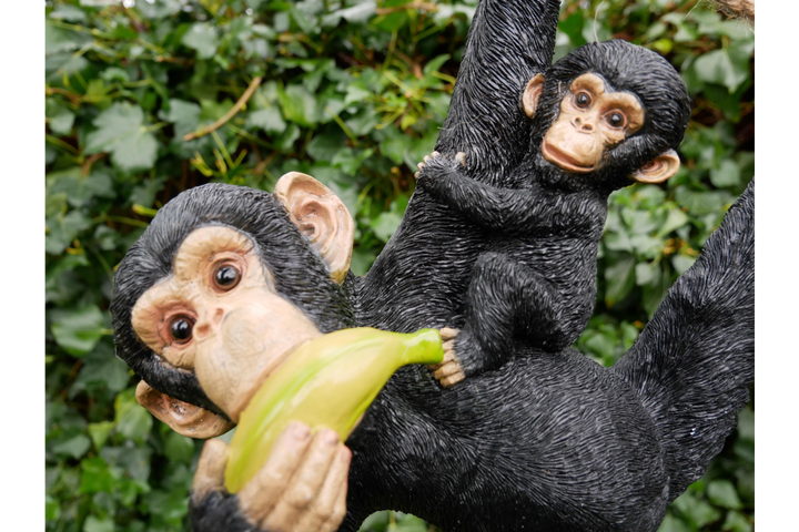 Monkey Eating Banana with Baby and baby monkey on a rope Hanging Resin Garden decorative Ornament