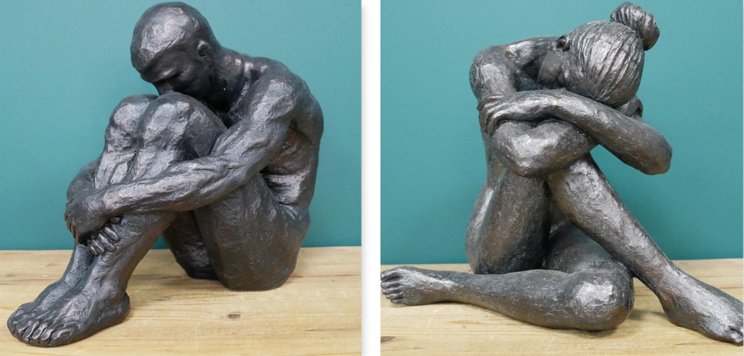Sitting Man and Woman Statues Matte Black Abstract Couple Home Décor