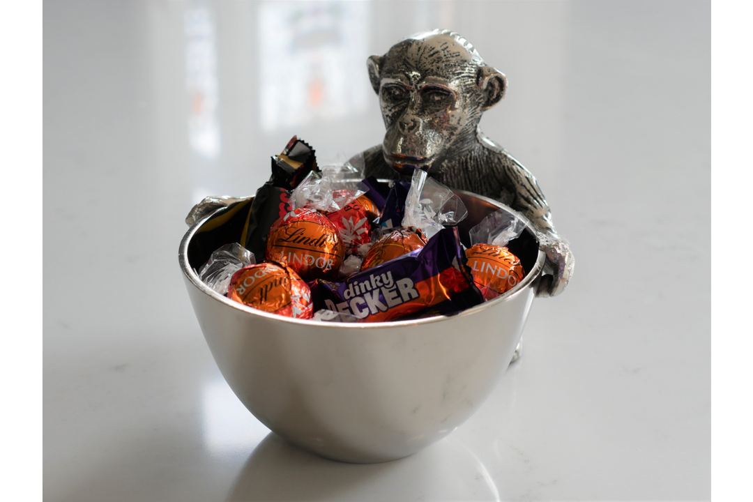 Monkey Sweets Decorative Bowl dish quirky Ornament  Silver Antique Aluminium