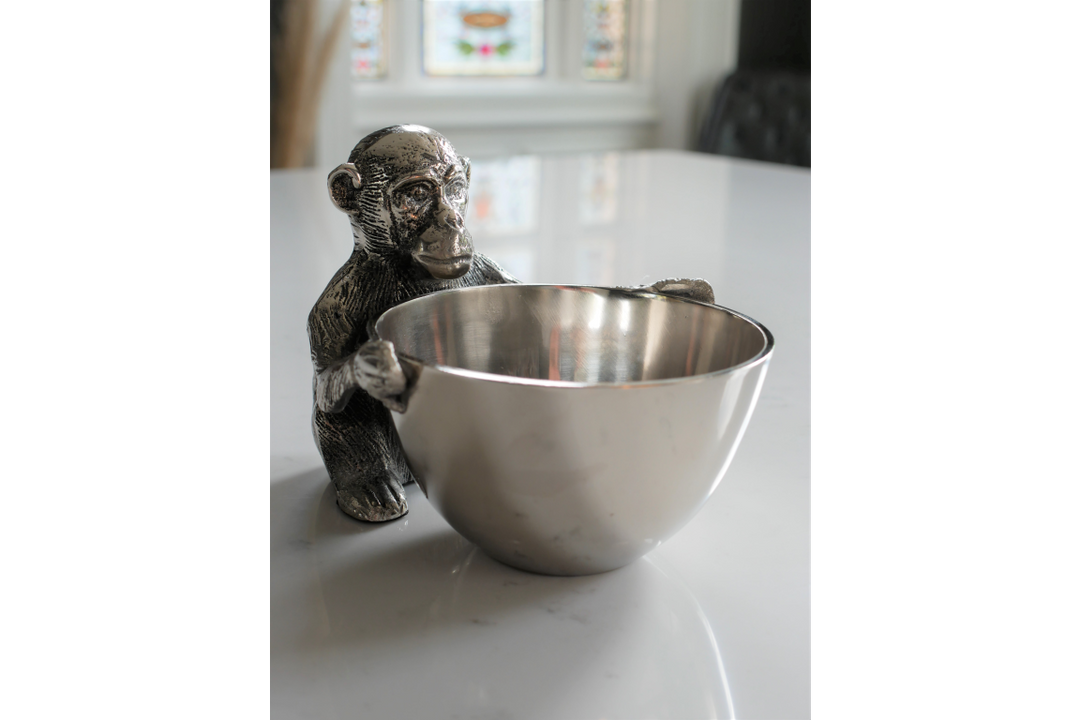 Monkey Sweets Decorative Bowl dish quirky Ornament  Silver Antique Aluminium