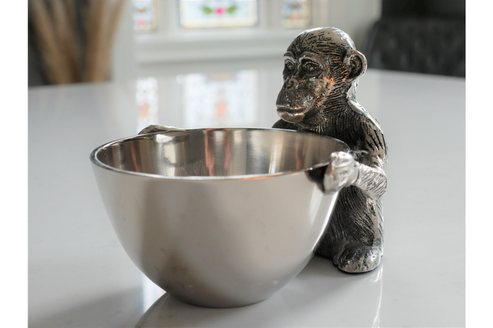 Monkey Sweets Decorative Bowl dish quirky Ornament  Silver Antique Aluminium