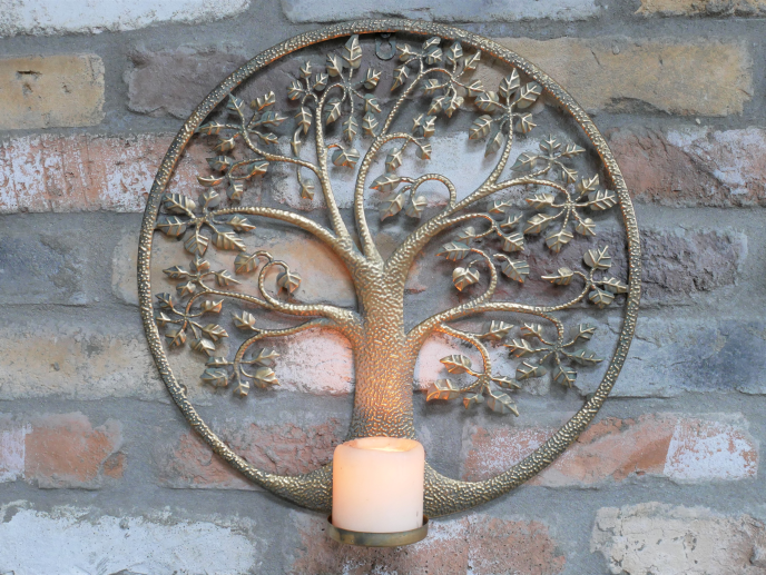 Tree Wall Decoration Metal Finish Candle Holder & mirror– Rustic metal Wall Art