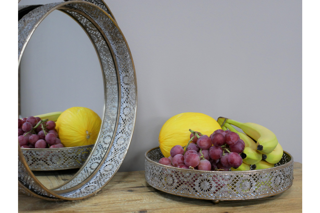 Round Gold Cut-Out Metal Mirror Tray Decorative Home Accent Tray