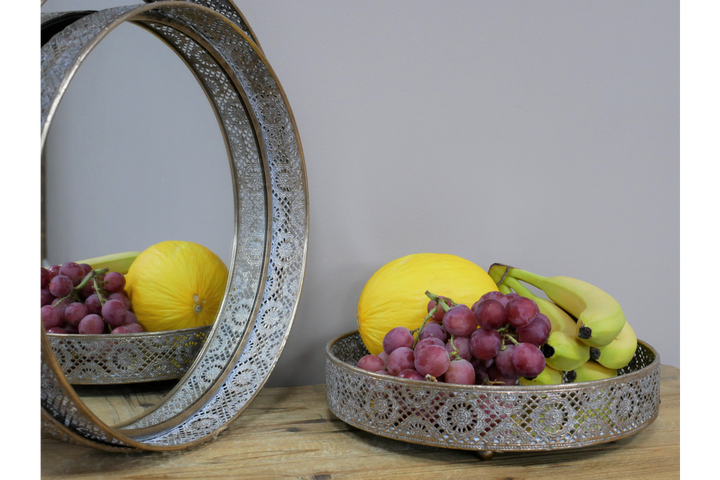 Round Gold Cut-Out Metal Mirror Tray Decorative Home Accent Tray