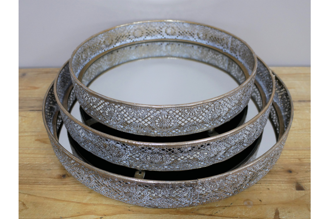 Round Gold Cut-Out Metal Mirror Tray Decorative Home Accent Tray