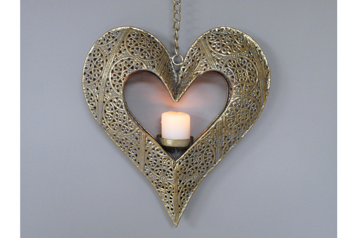 Gold Heart Wall hanging Mounted Candle Holder Metal Cut out Home Décor
