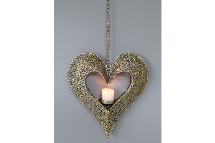 Gold Heart Wall hanging Mounted Candle Holder Metal Cut out Home Décor