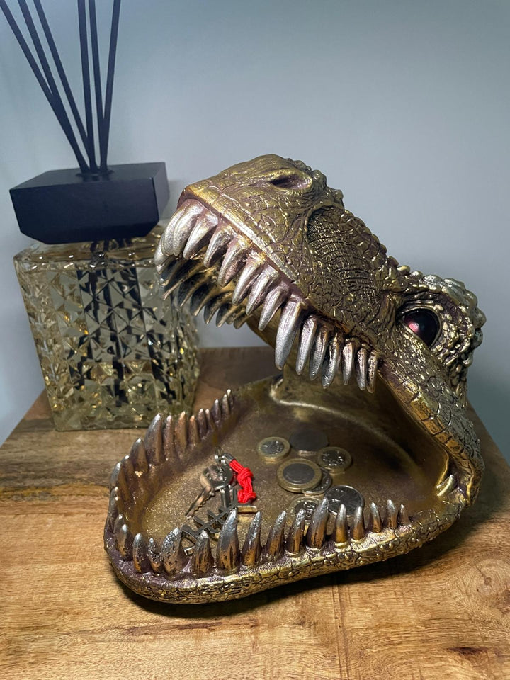 Gold Dinosaur Head open mouth Trinket Dish Bowl decorative Ornament