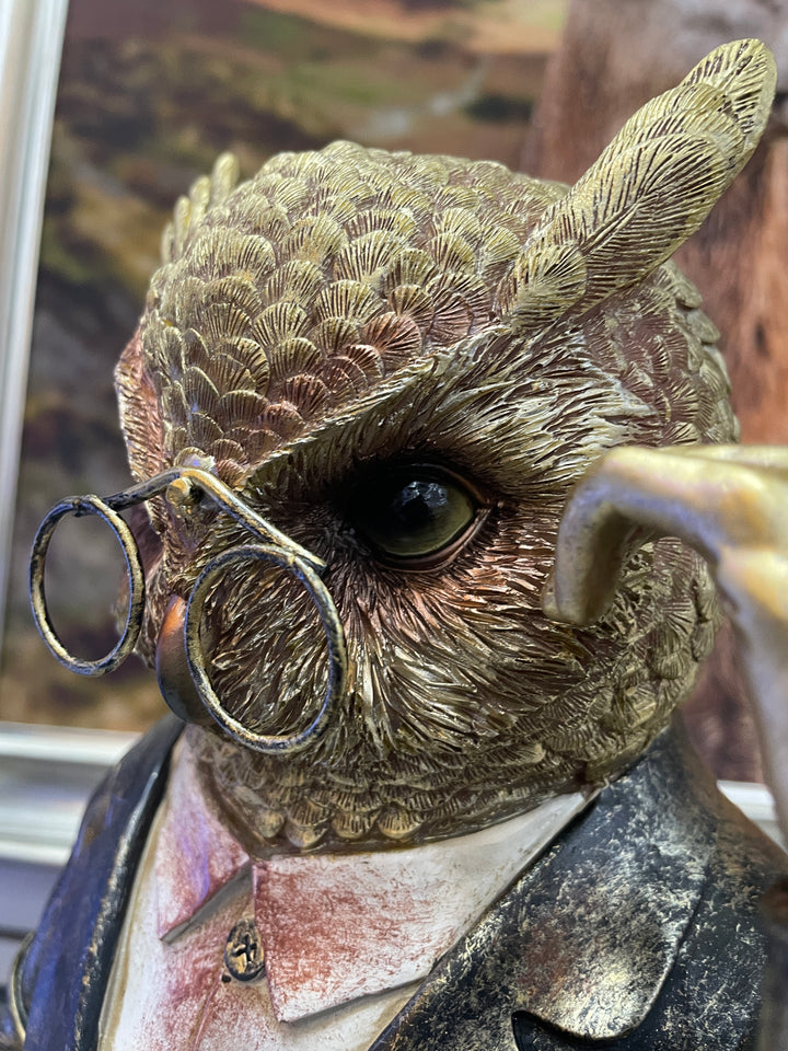 Wise Owl Bust Ornament brushed gold Sculpture wearing Glasses reading a Book