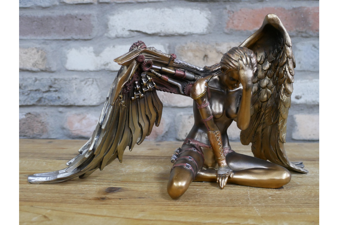 Steampunk Angel Statue Gold &Bronze Mechanical Winged Goddess Ornament Cyberpunk