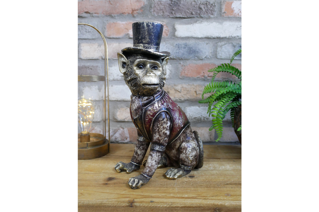 Monkey in Top Hat sitting Gold Red Resin Decorative Ornament Home Décor