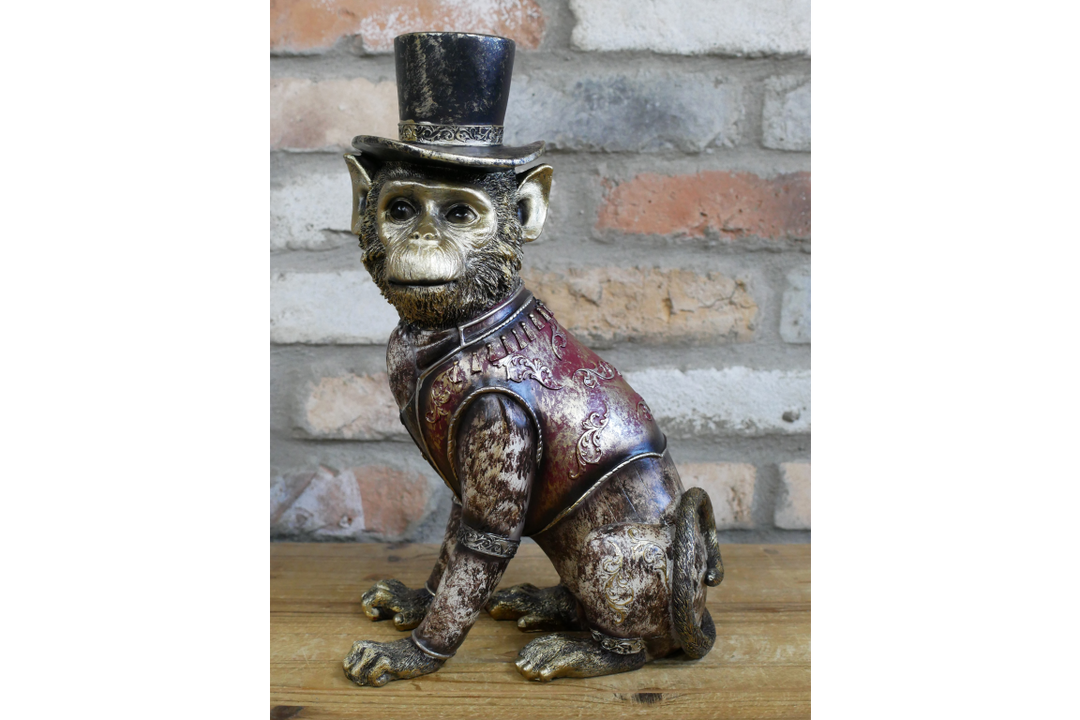 Monkey in Top Hat sitting Gold Red Resin Decorative Ornament Home Décor