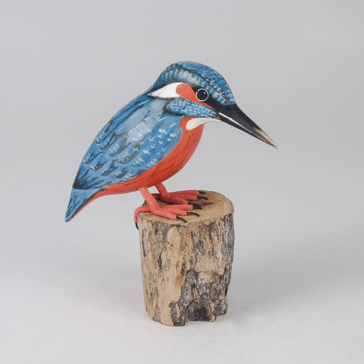 Hand-Carved & Hand-Painted Blue & Orange Kingfisher on Wooden Stump Decorative Figure