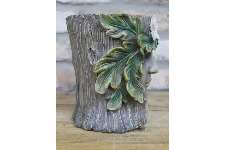 Tree Stump Planter Garden Ornament – Green Man Face Resin Plant Pot | Outdoor Patio Tree Log Flower Planter Decor