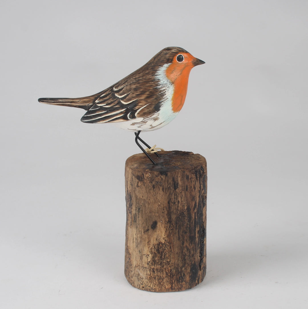 Hand-Carved & Hand-Painted Wooden Robin on Stump by Archipelago Decorative Figure