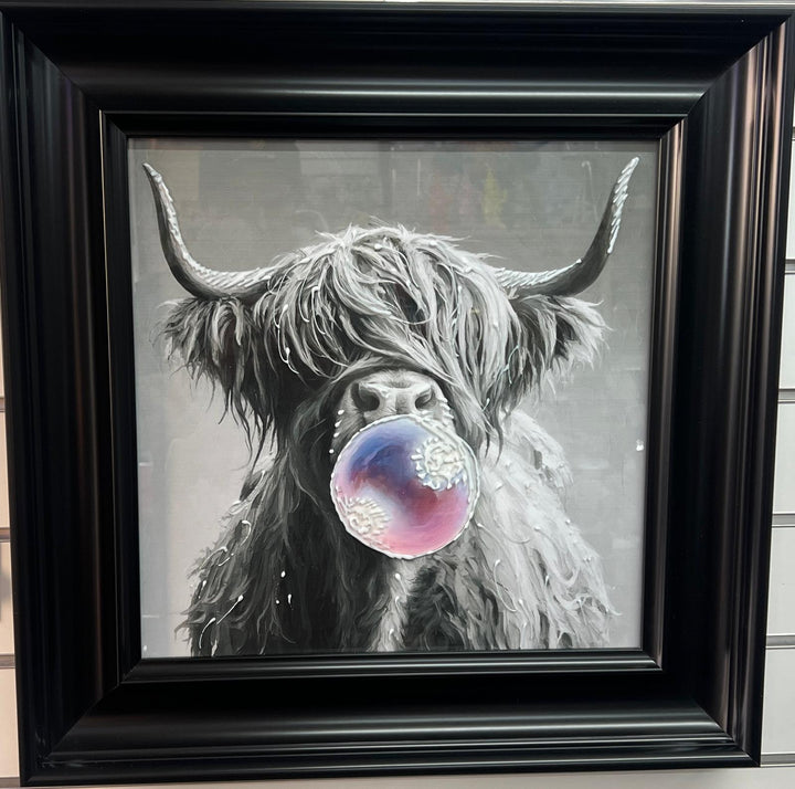 Highland Cow blowing bubble Wall Art Black & Silver alpha Frame Picture Decor