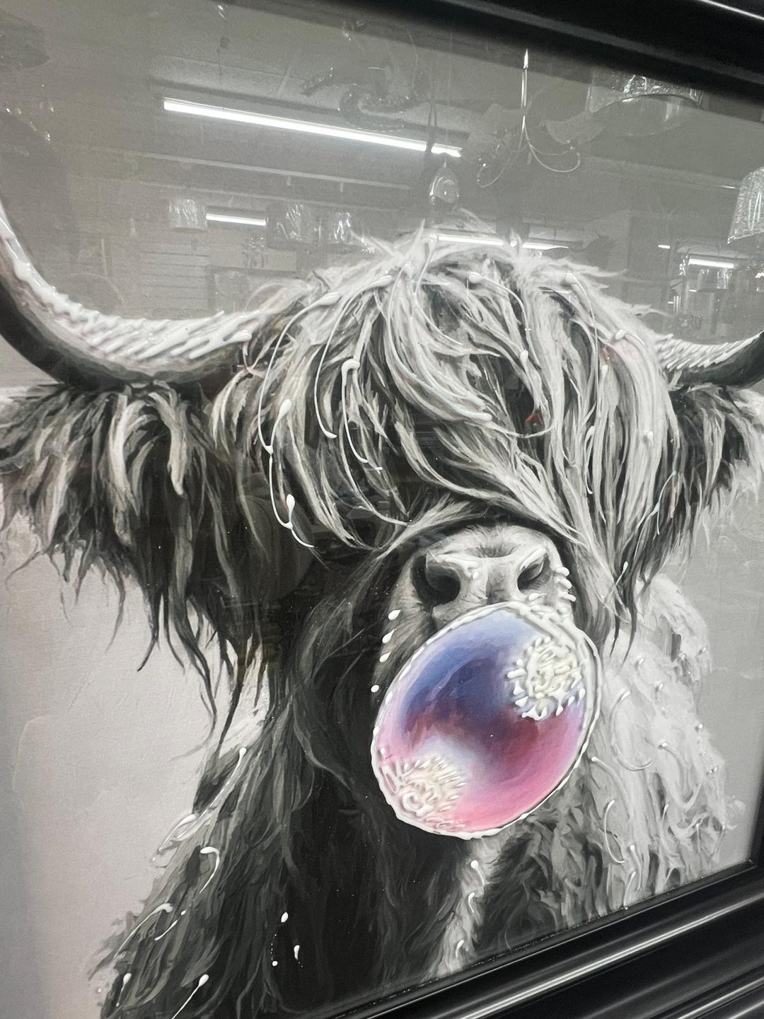 Highland Cow blowing bubble Wall Art Black & Silver alpha Frame Picture Decor