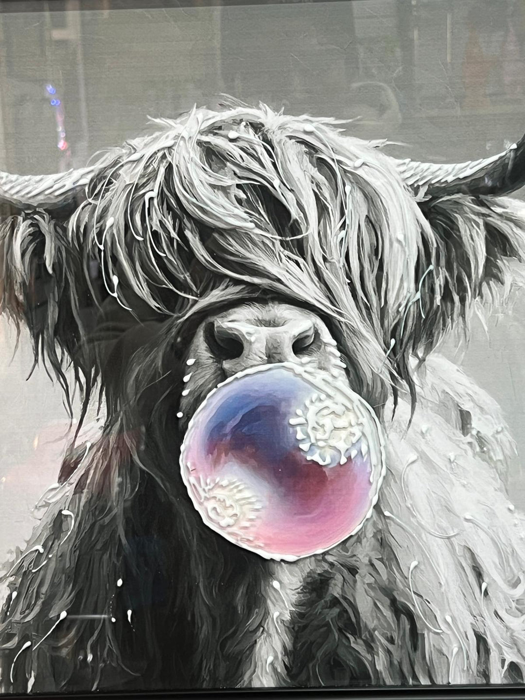 Highland Cow blowing bubble Wall Art Black & Silver alpha Frame Picture Decor