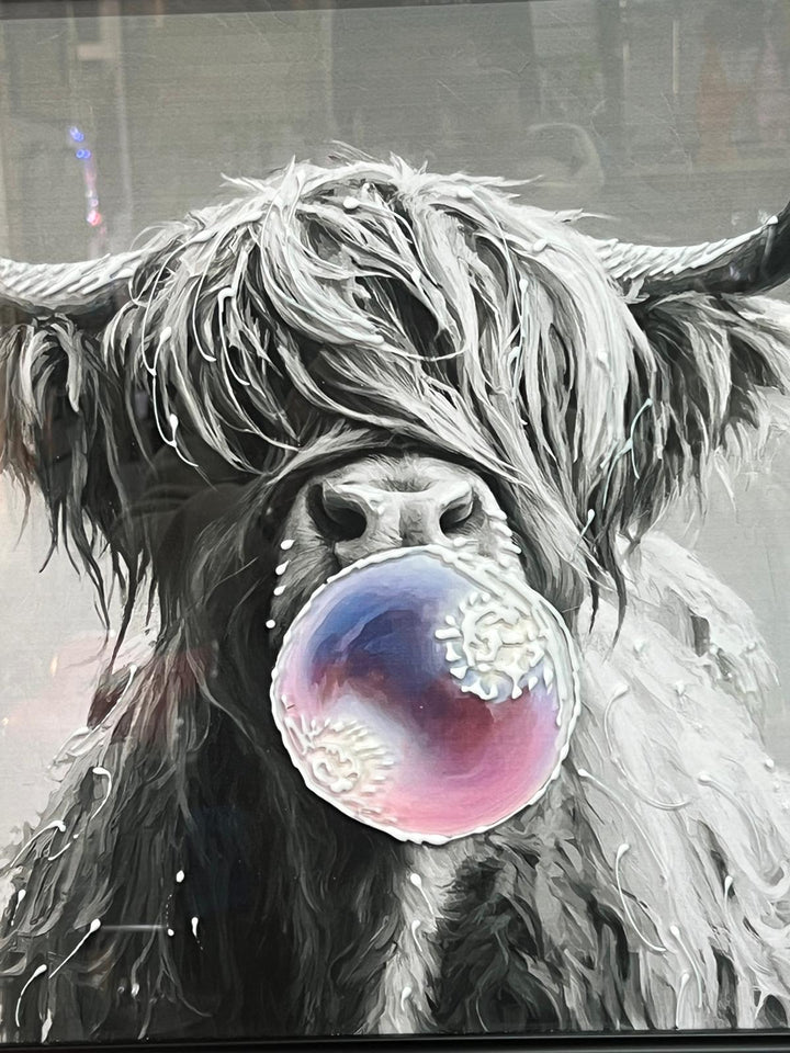 Highland Cow blowing bubble Wall Art Black & Silver alpha Frame Picture Decor
