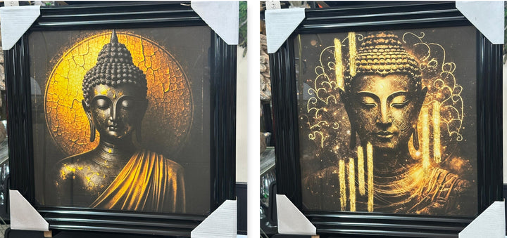 Black & Gold Buddha Wall Art Picture with Black Frame & Fitments